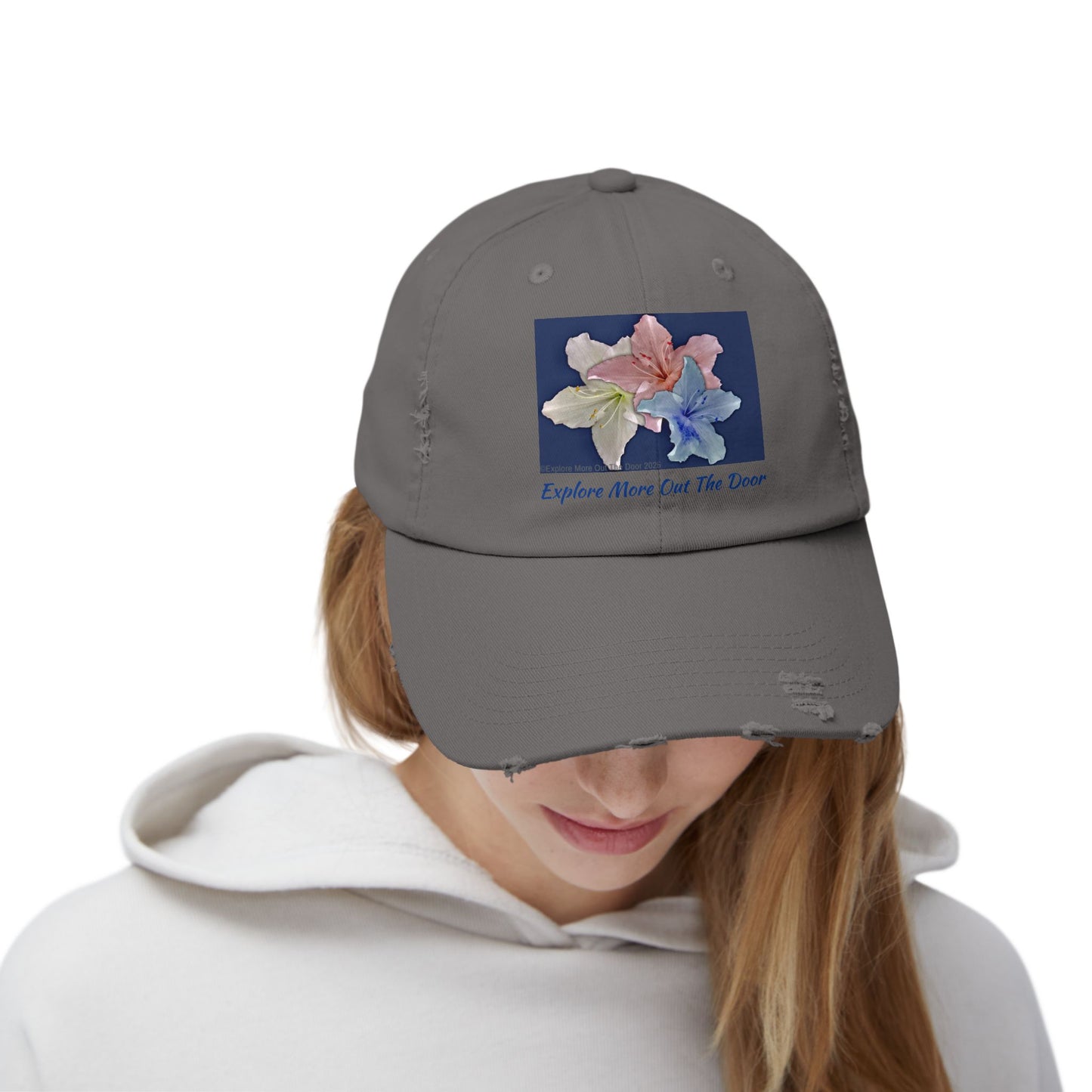 Explore More Out the Door Distressed Baseball Hat, Outdoor Gear, Adventure Cap, Summer Hat, Travel Headwear